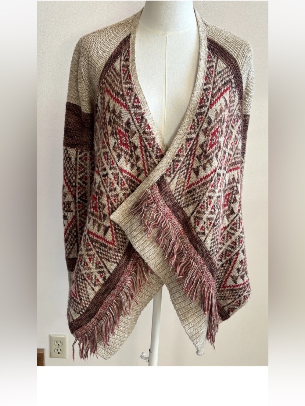 Lucky Brand Southwestern Fair Isle Fringe Cardigan XS Boho Open Front